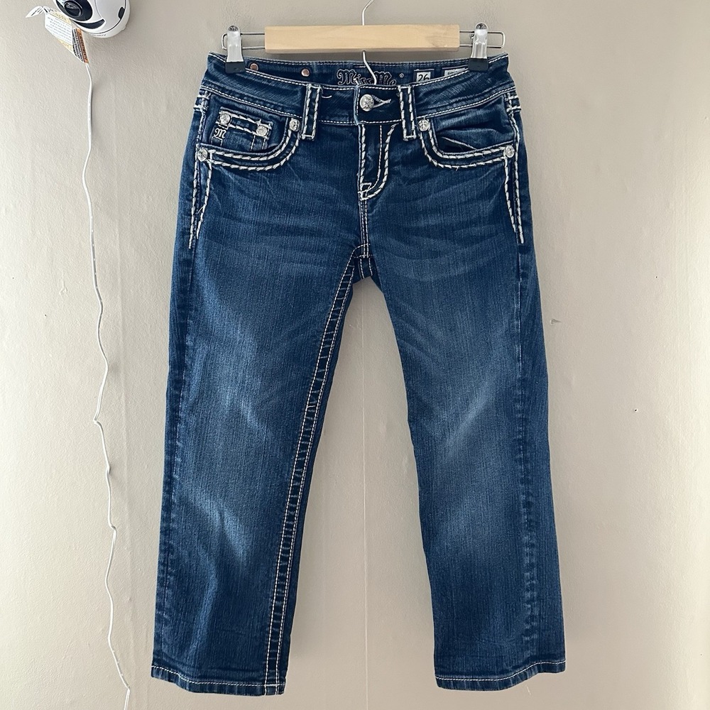Miss Me Womens Signature Cuffed Capri SIze 26 Embellished Thick Stitch Low Rise